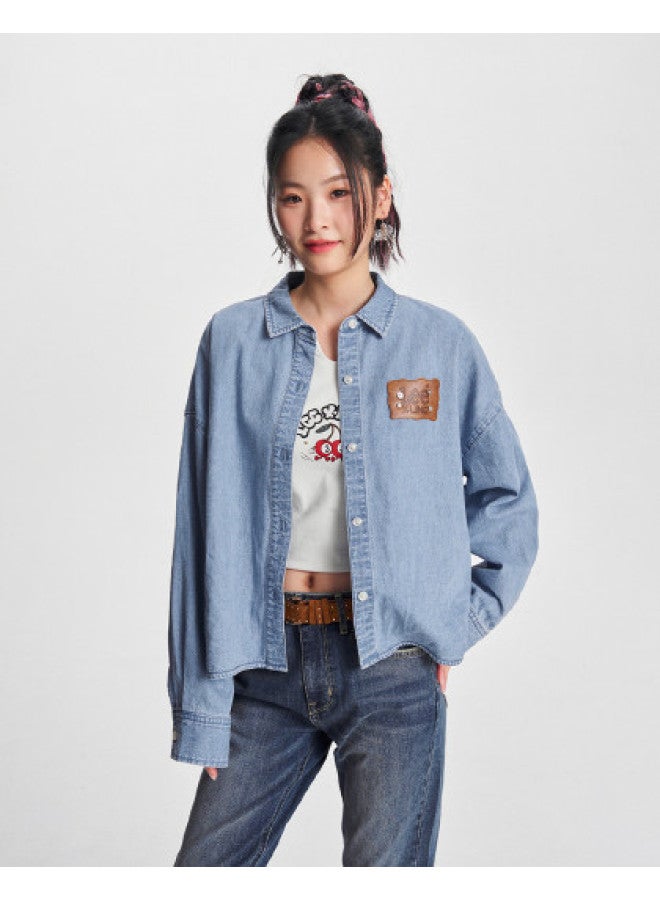 LEE Early Spring Loose Version Lapel Light Blue Women's Long Sleeve Denim Shirt Casual - Image 1