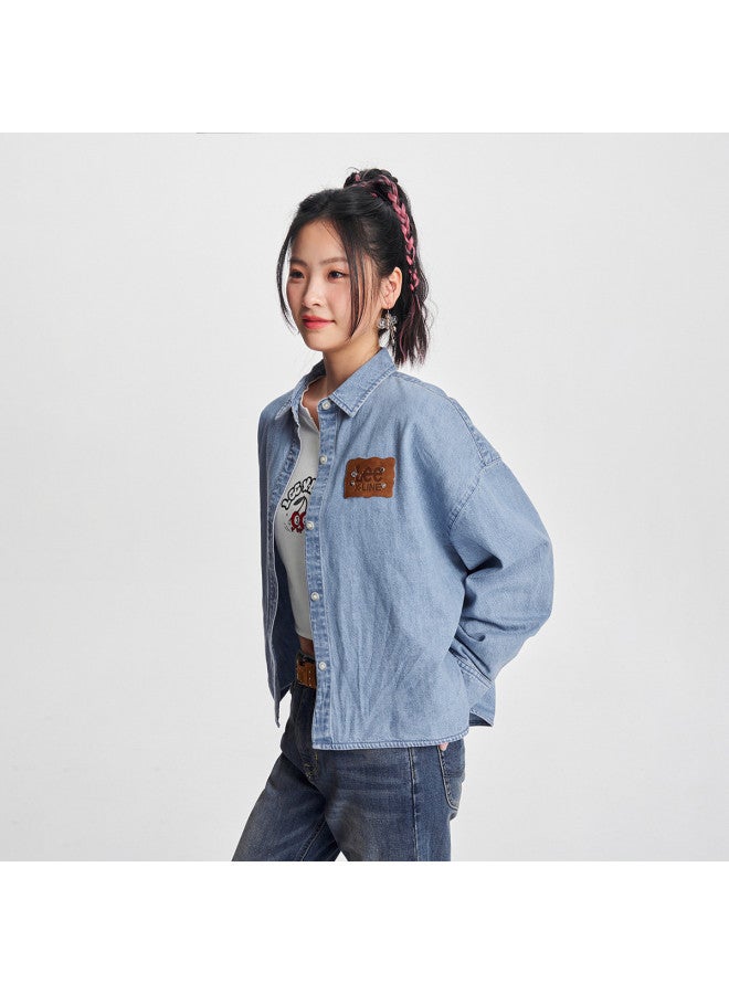LEE Early Spring Loose Version Lapel Light Blue Women's Long Sleeve Denim Shirt Casual - Image 4