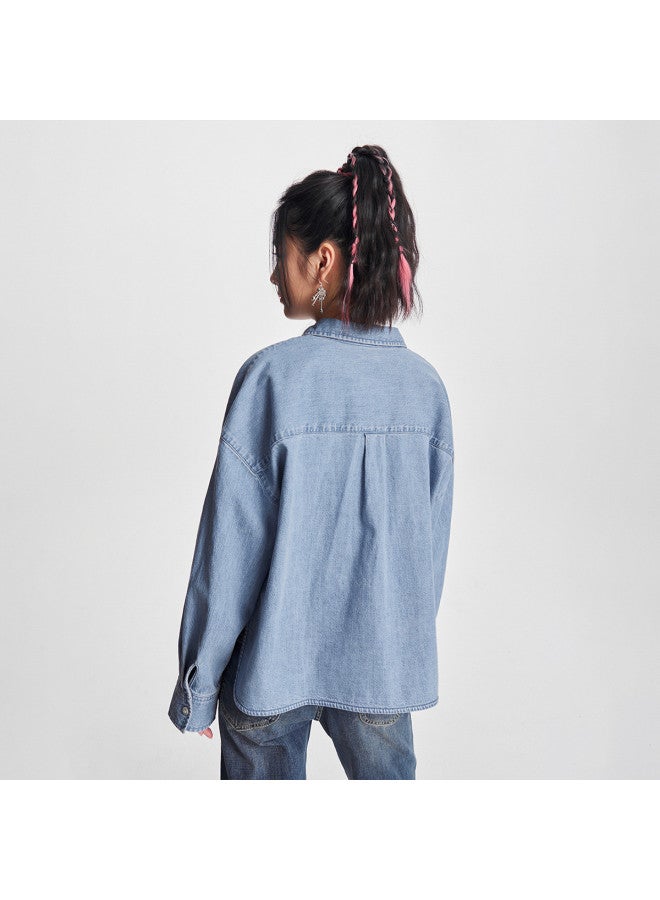 LEE Early Spring Loose Version Lapel Light Blue Women's Long Sleeve Denim Shirt Casual - Image 3