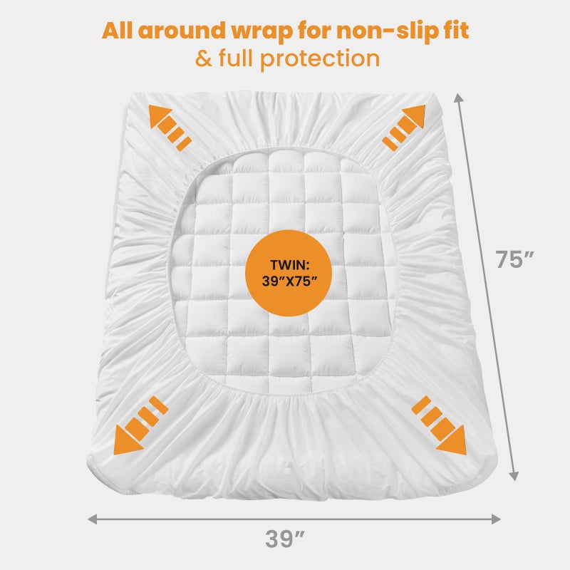 MATBEBY Twin Size Mattress Pad - Cooling Breathable Mattress Topper, Quilted Fitted Mattress Protector, Pillow Top Mattress Cover with 8-21" Deep Pocket, Soft, Machine Washable, White, 39x75 Inches - Image 5