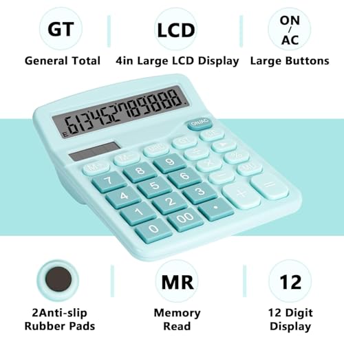 Jukusa 12-Digit Dual Power Desktop Calculator with Large LCD Display, Big Easy Press Buttons, Solar & Battery Operated, Portable Office & School Basic Calculator for Kids and Parents (Blue) - Image 5