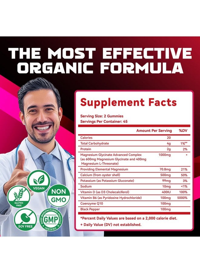 Natures Aid Magnesium Glycinate Gummies 1000mg - Sugar Free Magnesium Potassium Supplement with Vitamin D, B6, CoQ10 for Calm Mood & Sleep Support - 90 Raspberry Gummies. - Image 4