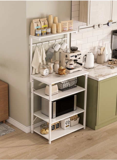 Kitchen Storage Rack, Coffee Corner Table with 4 Tiers, Kitchen Microwave Stand with 5 S-shaped Hooks, Kitchen Storage Shelf for Spices, Coffee Machine and Home Appliances