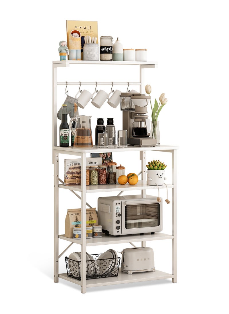 Kitchen Storage Rack, Coffee Corner Table with 4 Tiers, Kitchen Microwave Stand with 5 S-shaped Hooks, Kitchen Storage Shelf for Spices, Coffee Machine and Home Appliances