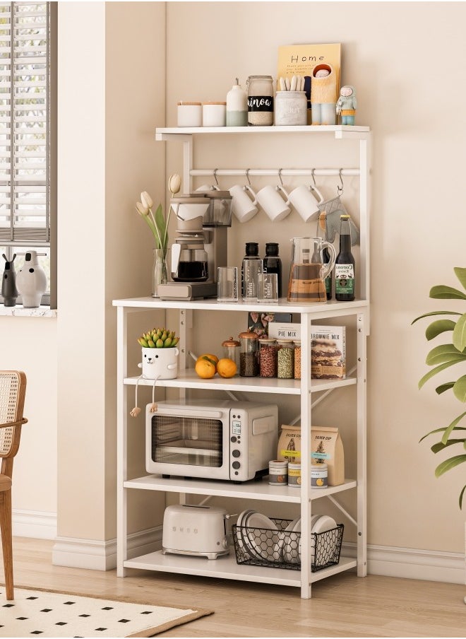 Kitchen Storage Rack, Coffee Corner Table with 4 Tiers, Kitchen Microwave Stand with 5 S-shaped Hooks, Kitchen Storage Shelf for Spices, Coffee Machine and Home Appliances