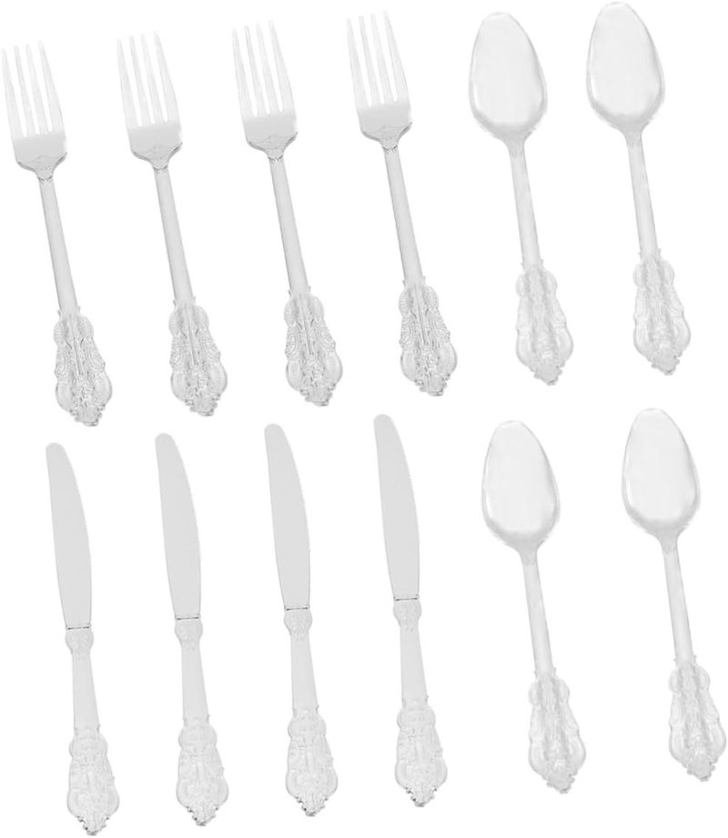 24 Piece Silver Plastic Cutlery Set Elegant Disposable Knives Forks Spoons For Party Wedding Special Occasion Healthy Tableware - Image 1