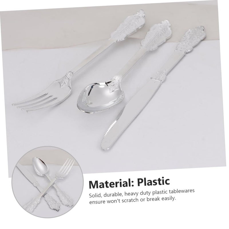24 Piece Silver Plastic Cutlery Set Elegant Disposable Knives Forks Spoons For Party Wedding Special Occasion Healthy Tableware - Image 5