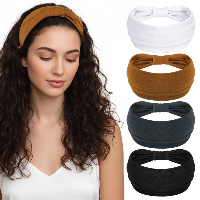 obeoby Wide Non-Slip Headbands for Sports,Yoga, 5.5'' Large Knot Cotton Hairband for Workouts, Spa, Running Keep Dry During Exercise(4Pack) - Image 1