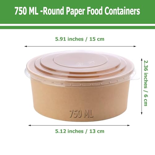 Amit Marketing 750 ML Round Brown Paper Food Container with Lids, Disposable Take Out Storage Box for Hot/Cold Foods, Party Supplies for Soup, Salad, Dessert, Pasta, Noodles (20 pcs) - Image 2