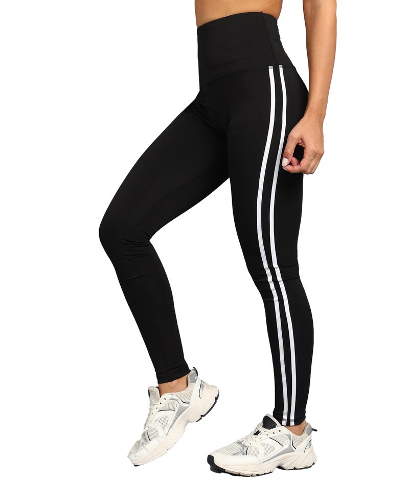 Rock Paper Scissors Women Premium Two White Strip Gym Tights High Rise, Sweat-Wicking, Athletic Fit Gym Tights For Working Out, Pilates,Yoga, Fitness & Training,XS - Image 1