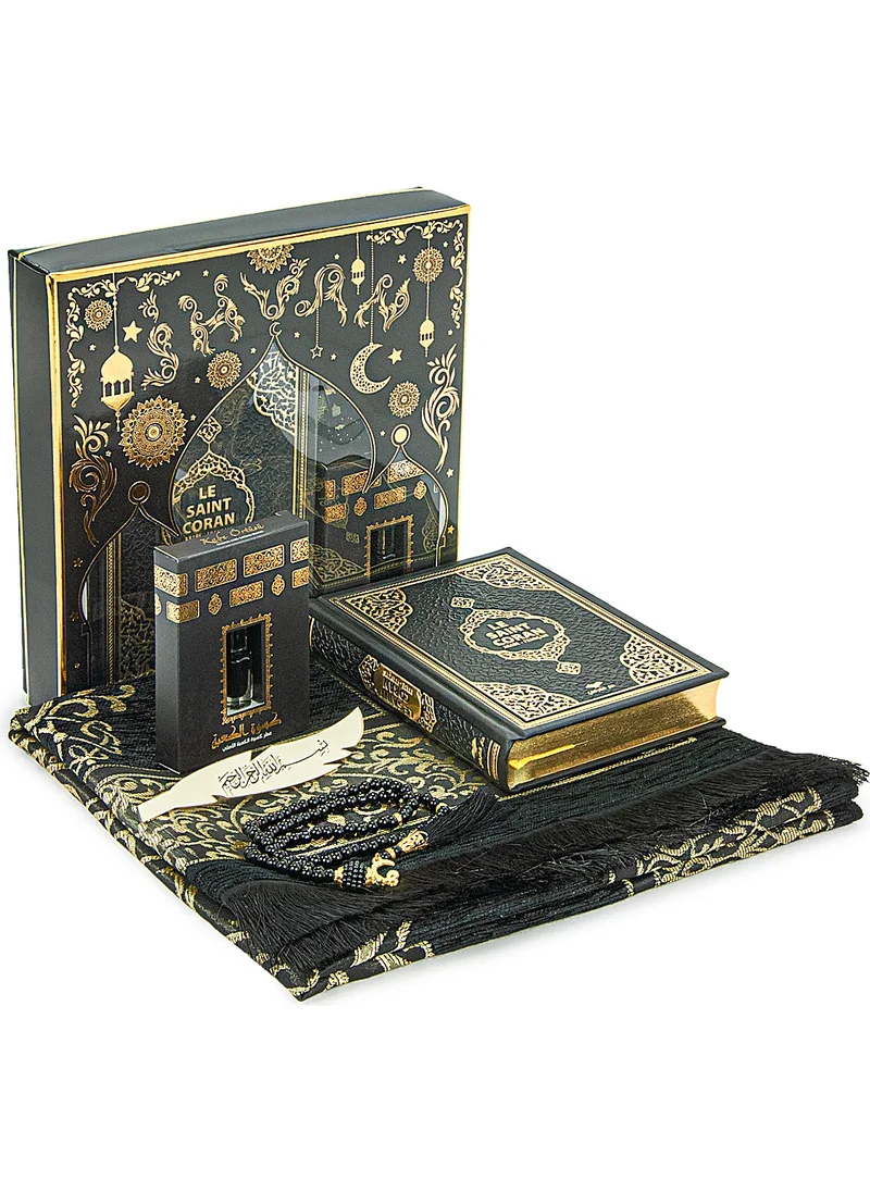 İhvan Online Ihvan Online Quran with French Meaning and Medina Calligraphy and Prayer Rug Set Black