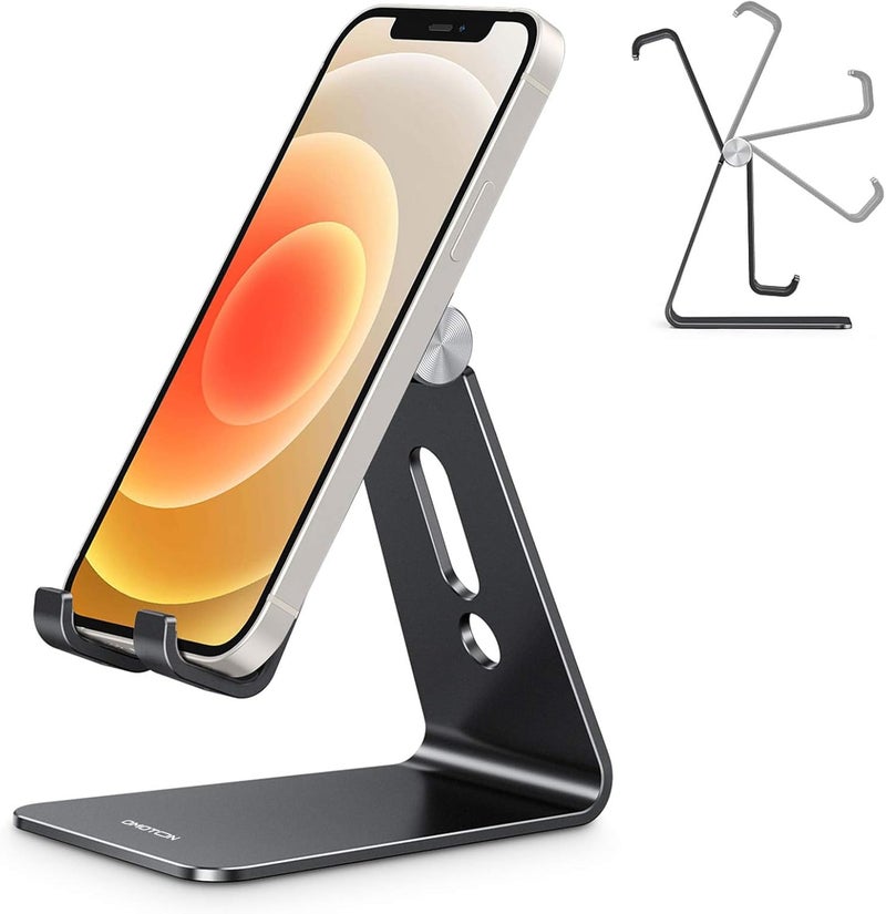 Omoton Adjustable Cell Phone Stand, C2 Aluminum Desktop Phone Holder Dock Compatible with iPhone 15 14 13 Xs XR 8 Plus 7 6, Samsung Galaxy, Google Pixel, Android Phones, Black - Image 1