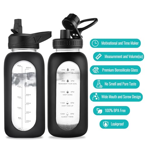 EALGRO 32 oz Glass Water Bottle with Straw and Handle, Sports Motivational Water Flask with Silicone Sleeve, Large Leakproof Water Flask Cup with Time Marker for Travel, Gym, Black - Image 3