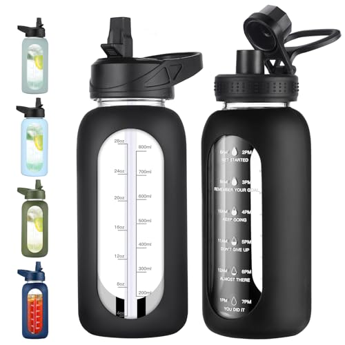 EALGRO 32 oz Glass Water Bottle with Straw and Handle, Sports Motivational Water Flask with Silicone Sleeve, Large Leakproof Water Flask Cup with Time Marker for Travel, Gym, Black - Image 1