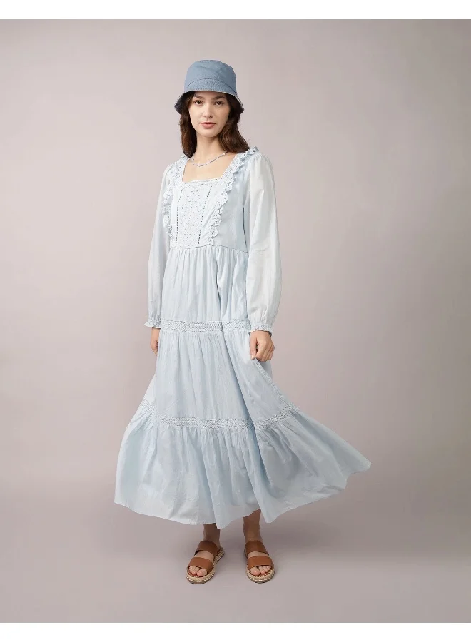 American Eagle AE Long-Sleeve Tiered Embroidered Midi Dress