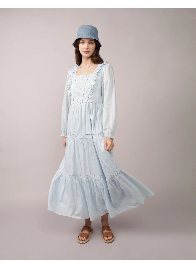 American Eagle AE Long-Sleeve Tiered Embroidered Midi Dress - Image 1