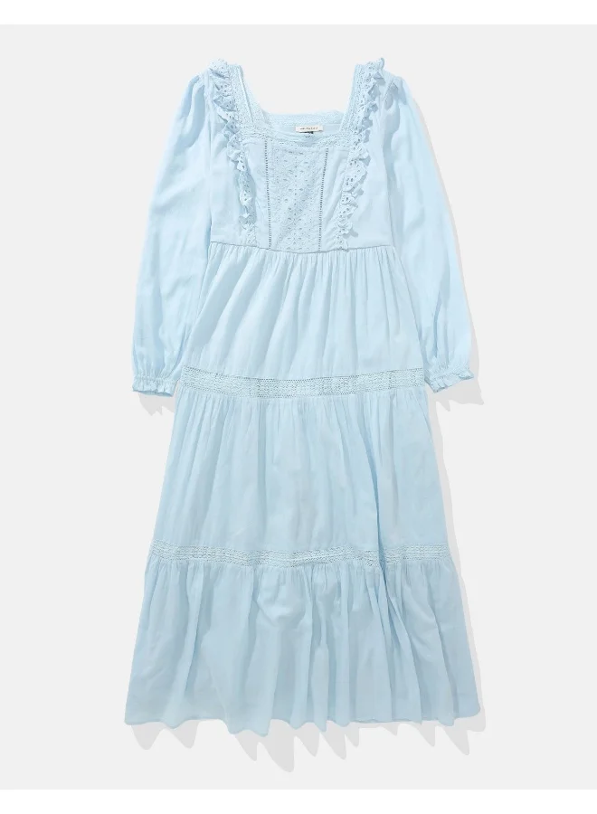 American Eagle AE Long-Sleeve Tiered Embroidered Midi Dress