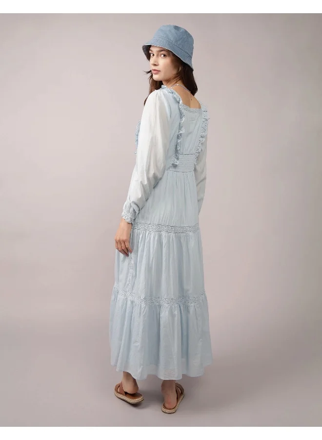 American Eagle AE Long-Sleeve Tiered Embroidered Midi Dress
