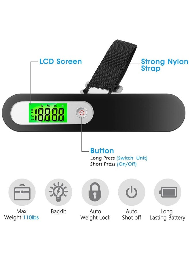 جيه زد اس ميزان أمتعة JZS، ميزان رقمي محمول معلق للأمتعة للسفر، ميزان رقمي معلق إلكتروني 110 رطل/ 50 كجم للسفر مع خطاف (أسود) - Image 3