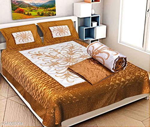 TRUE VALUA 210TC Golden Jaipuri Satin VIP Warm Bedsheet Satin Silk Wedding Bedsheet Set of 3 pcs 1 Double Bed Bedsheet 2 Pillow Cover Golden VIP
