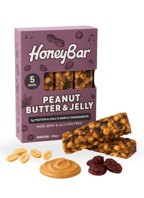 Honey Bar Peanut Butter & Jam – 5g Protein, Gluten-Free, Low Sodium, High Fiber, Vegetarian, Low Saturated Fat | Healthy Snack Bar 5 x 40g