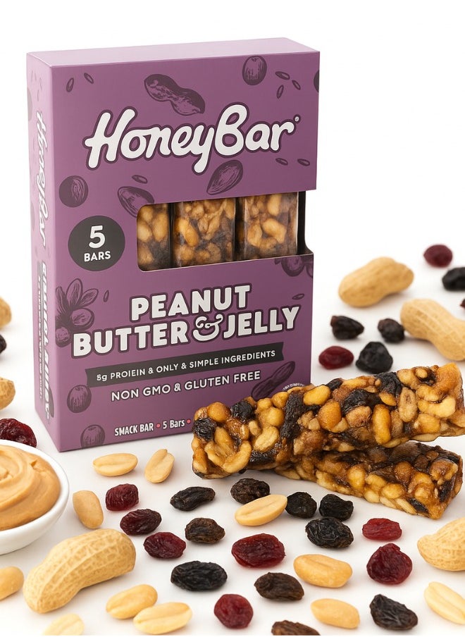 Honey Bar Peanut Butter & Jam – 5g Protein, Gluten-Free, Low Sodium, High Fiber, Vegetarian, Low Saturated Fat | Healthy Snack Bar 5 x 40g