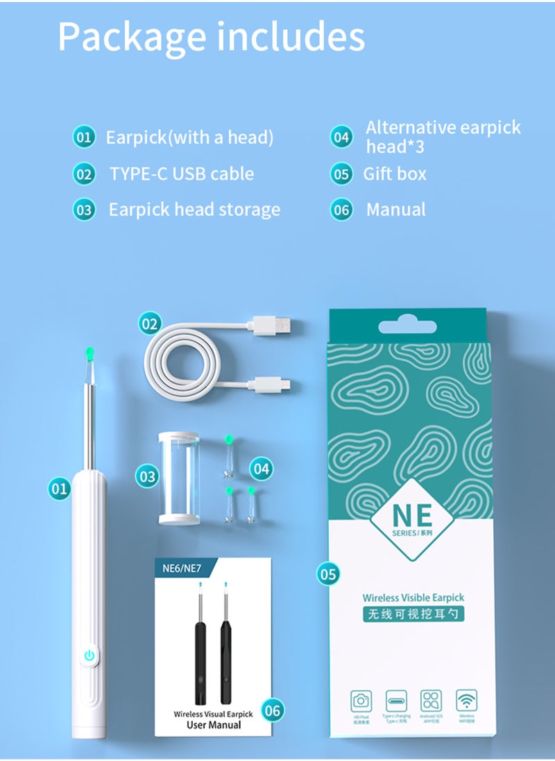 ULHYC - Ear Wax Removal Visual ear scoop ear pick wireless wifi endoscope high definition ear picking Wi-Fi Visible Wax Elimination Spoon For iPhone, iPad, Android Phones - Image 1
