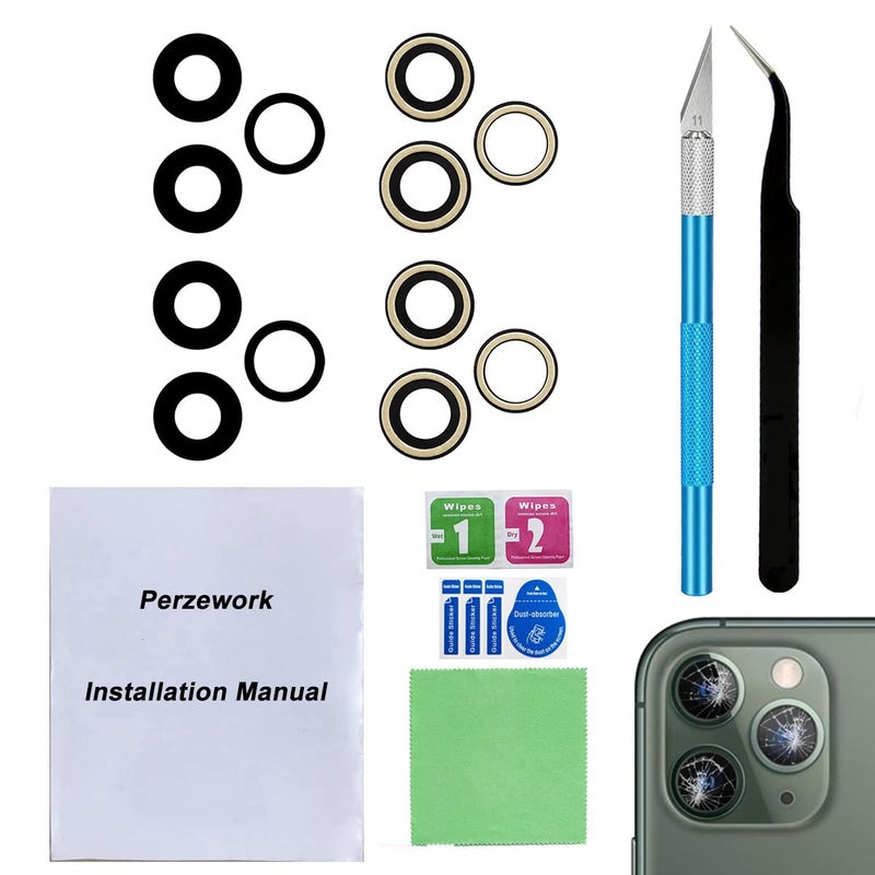 Perzework 2 Set Original Back Rear Camera Lens Glass Replacement for iPhone 11 Pro Max and iPhone 11 Pro with pre-Installed Adhesive and Reparing Toolkit - Image 1