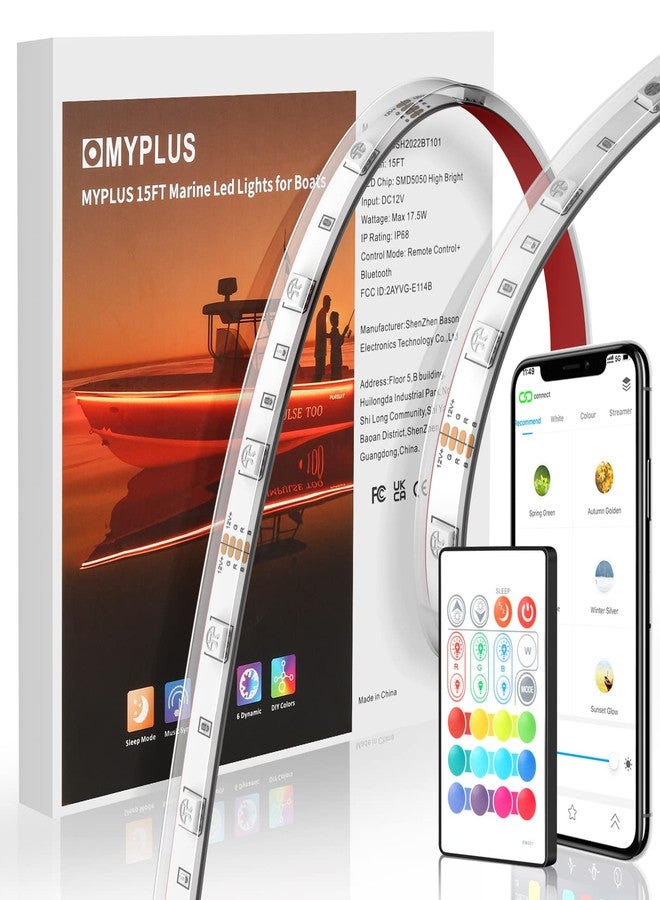 MYPLUS 15ft LED Boat Lights Strip with Bluetooth Control, Waterproof Marine Lights for Cockpit, Deck, Cabin, Pontoon and Fishing Boat - Image 1