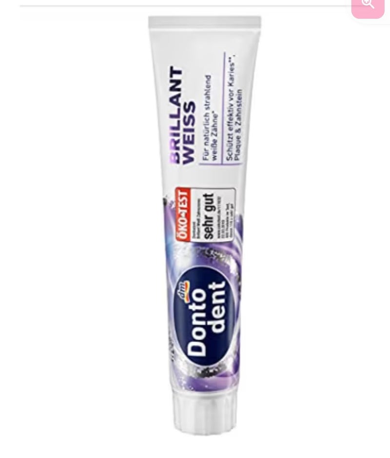 Dontodent Brilliant Toothpaste, 125 ml, Toothpaste for naturally white teeth Gently brightening, actively removes discoloration, suitable for daily use,
