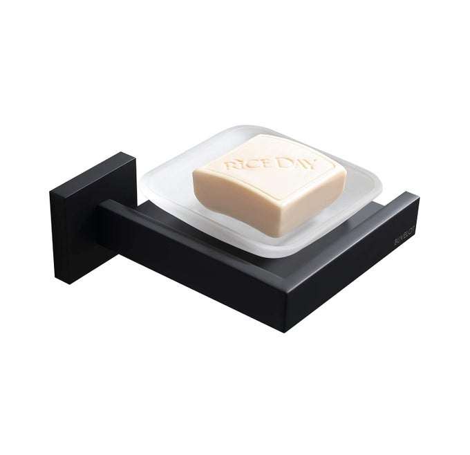 BATHROOM SOAP DISH WITH HOLDER TEMPERED FROSTED GLASS WALL MOUNT MODERN SQUARE DESIGN FOR BATH AND SHOWER MATTE BLACK 071020MB LES SERIES