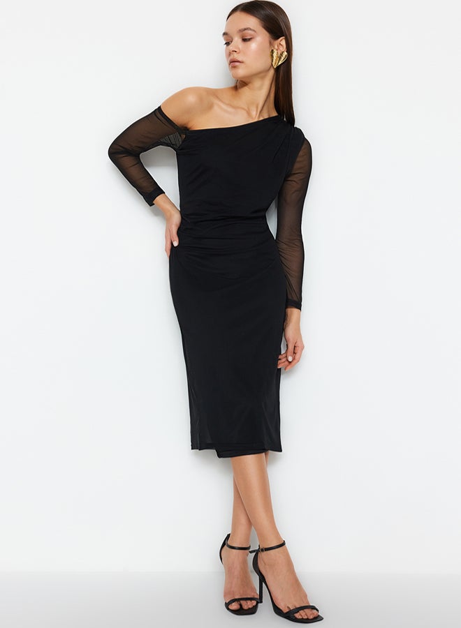 trendyol Black Abstract Lined Midi Lined Asymmetrical Neck Knit Dress TWOAW24EL00947 - Image 1
