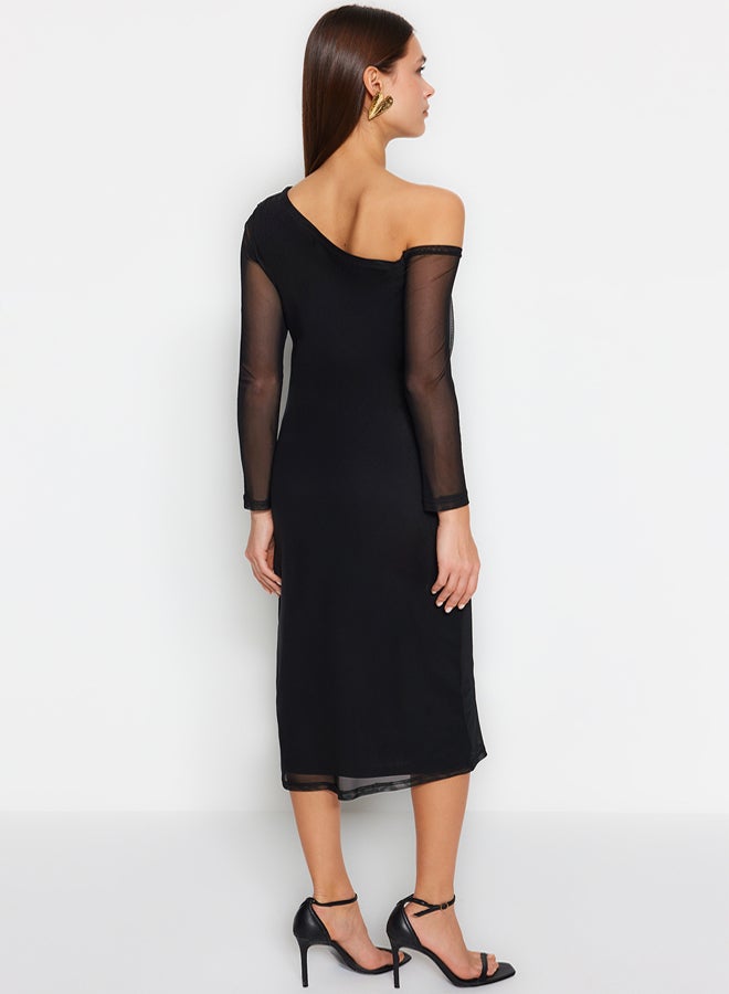 trendyol Black Abstract Lined Midi Lined Asymmetrical Neck Knit Dress TWOAW24EL00947 - Image 5