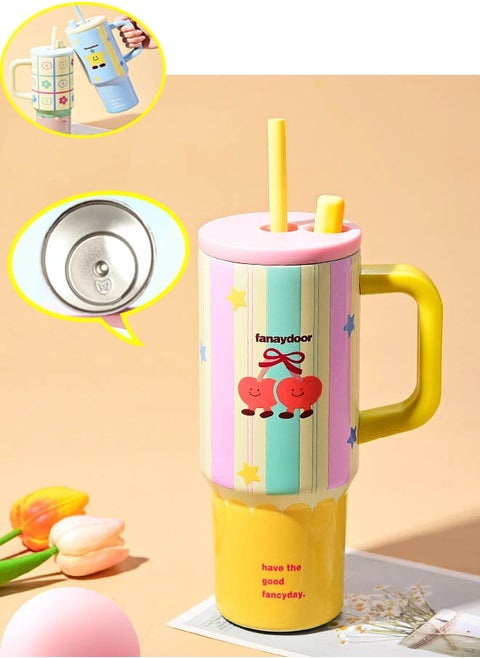 710ml Cute Design Thermal Mug with Straw, Reusable 316 Stainless Steel Water Bottle With Five-layer Temperature Locking Process, Travel Mug With Handle And Straw, Hot or Cold Tea, Coffee and Other Beverage