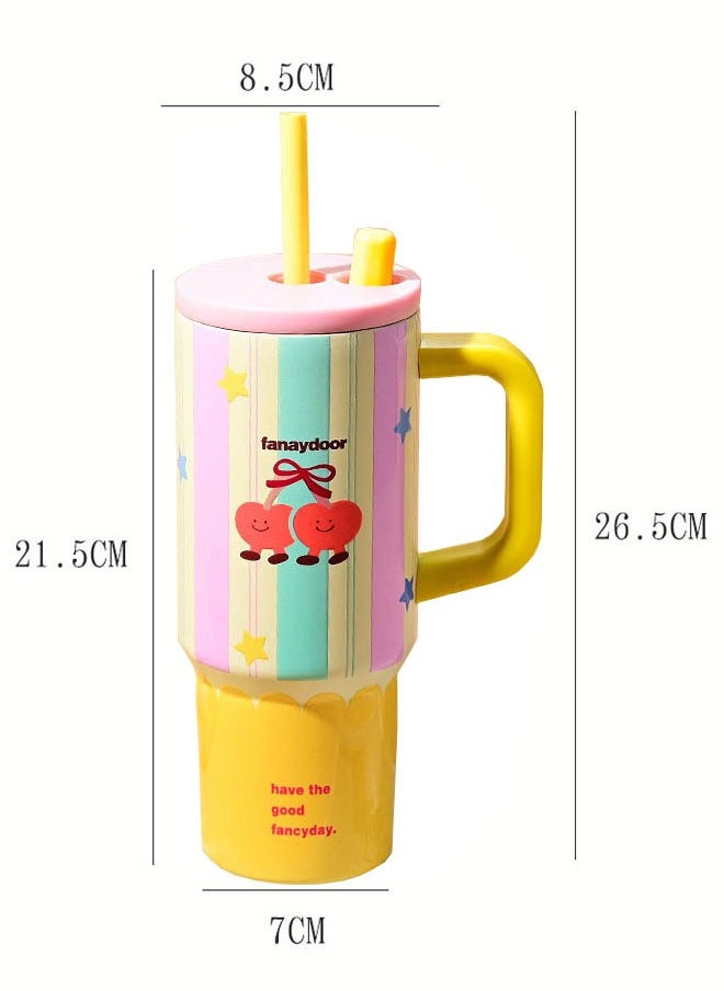 710ml Cute Design Thermal Mug with Straw, Reusable 316 Stainless Steel Water Bottle With Five-layer Temperature Locking Process, Travel Mug With Handle And Straw, Hot or Cold Tea, Coffee and Other Beverage