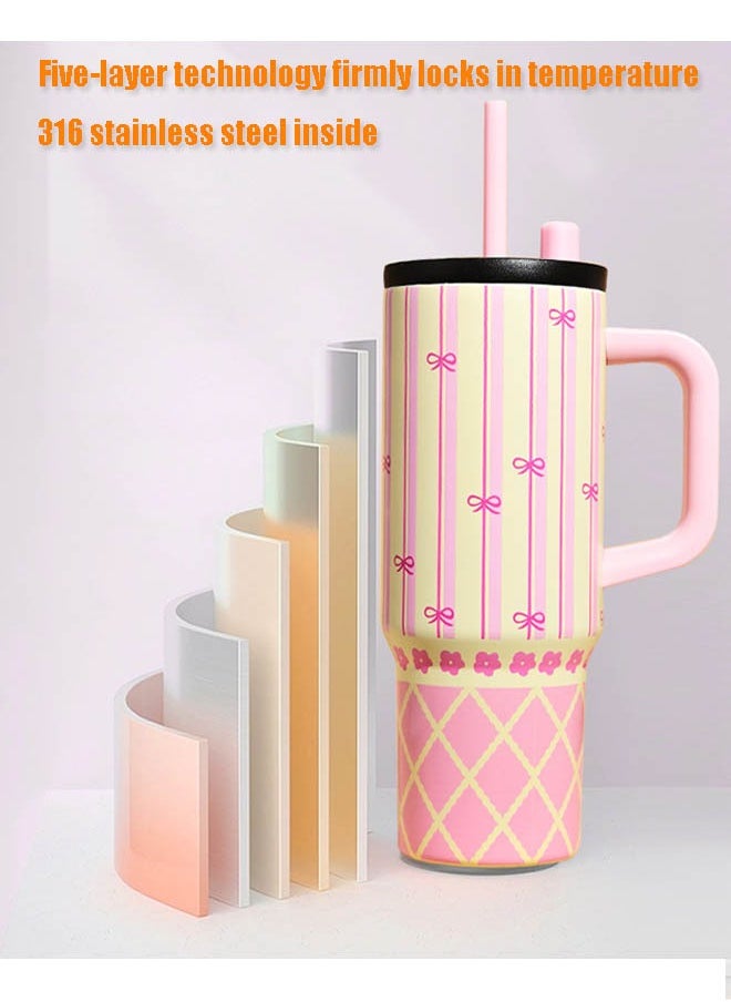 710ml Cute Design Thermal Mug with Straw, Reusable 316 Stainless Steel Water Bottle With Five-layer Temperature Locking Process, Travel Mug With Handle And Straw, Hot or Cold Tea, Coffee and Other Beverage