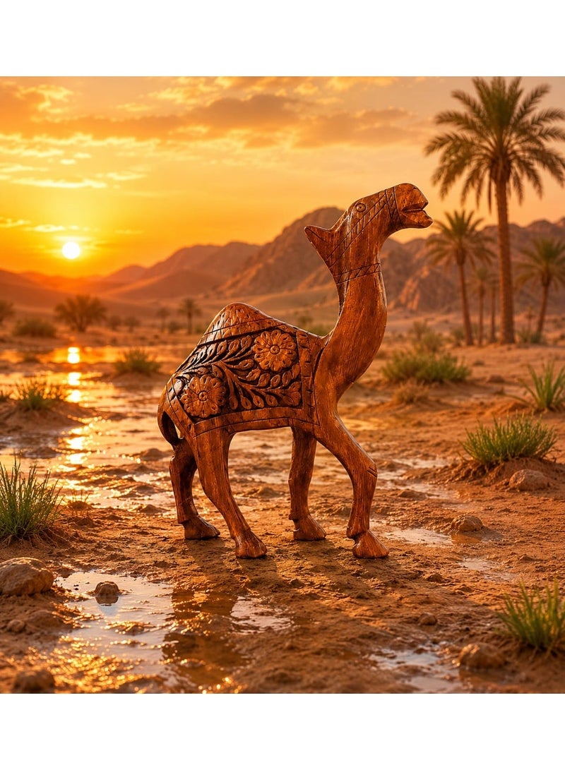 تمثال جمل خشبي واقف مصنوع يدوياً للديكور المنزلي – مجسم جمل منحوت من الخشب الطبيعي مقاس 35 سم - Image 2
