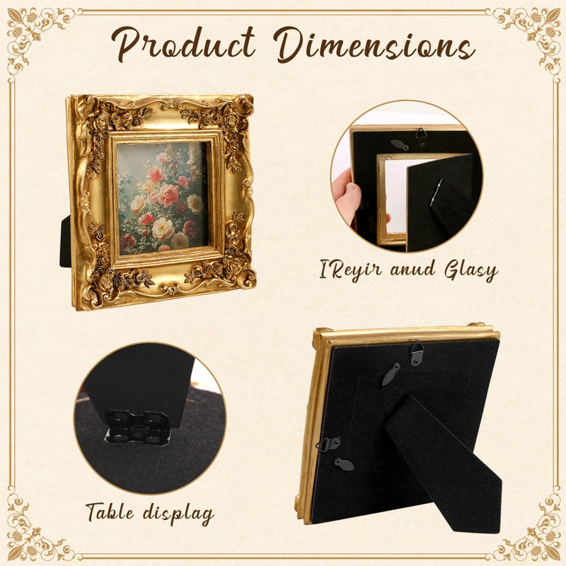 meiqidi Set of 4 Gold Picture Frames Vintage Small Antique Picture Frames for Wall Hanging & Tabletop Display, Mini Ornate Gold Picture Frame for Home Art Decor (5.7"x4.7", 5.5"x5.5", 3.7"x5.3", 6.3"x6.3") - Image 5