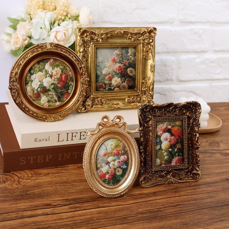 meiqidi Set of 4 Gold Picture Frames Vintage Small Antique Picture Frames for Wall Hanging & Tabletop Display, Mini Ornate Gold Picture Frame for Home Art Decor (5.7"x4.7", 5.5"x5.5", 3.7"x5.3", 6.3"x6.3") - Image 2
