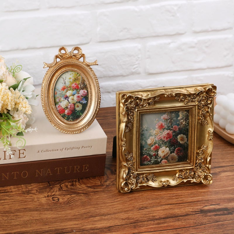 meiqidi Set of 4 Gold Picture Frames Vintage Small Antique Picture Frames for Wall Hanging & Tabletop Display, Mini Ornate Gold Picture Frame for Home Art Decor (5.7"x4.7", 5.5"x5.5", 3.7"x5.3", 6.3"x6.3") - Image 4