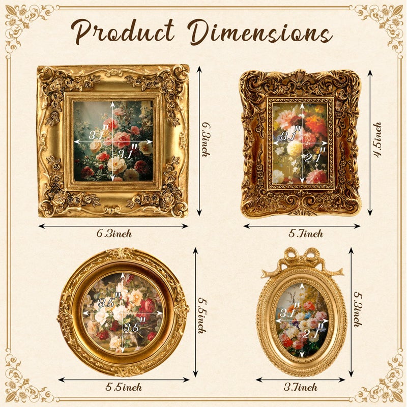 meiqidi Set of 4 Gold Picture Frames Vintage Small Antique Picture Frames for Wall Hanging & Tabletop Display, Mini Ornate Gold Picture Frame for Home Art Decor (5.7"x4.7", 5.5"x5.5", 3.7"x5.3", 6.3"x6.3") - Image 3