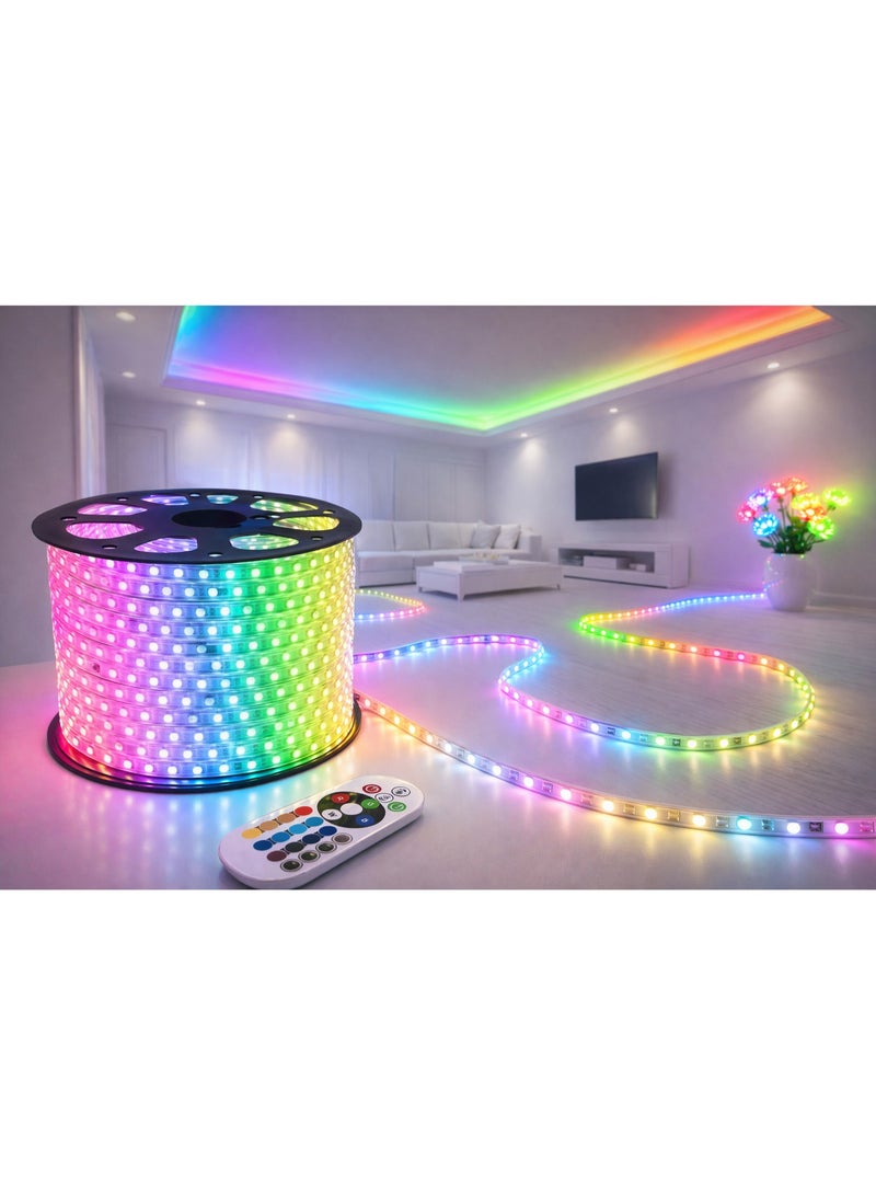 شريط إضاءة LED RGB بطول 50 متر 220 فولت مقاوم للماء IP65 مع ريموت وكنترولر – إضاءة متعددة الألوان مرنة قابلة للقص للاستخدام الداخلي والخارجي للمنزل والحديقة - Image 1
