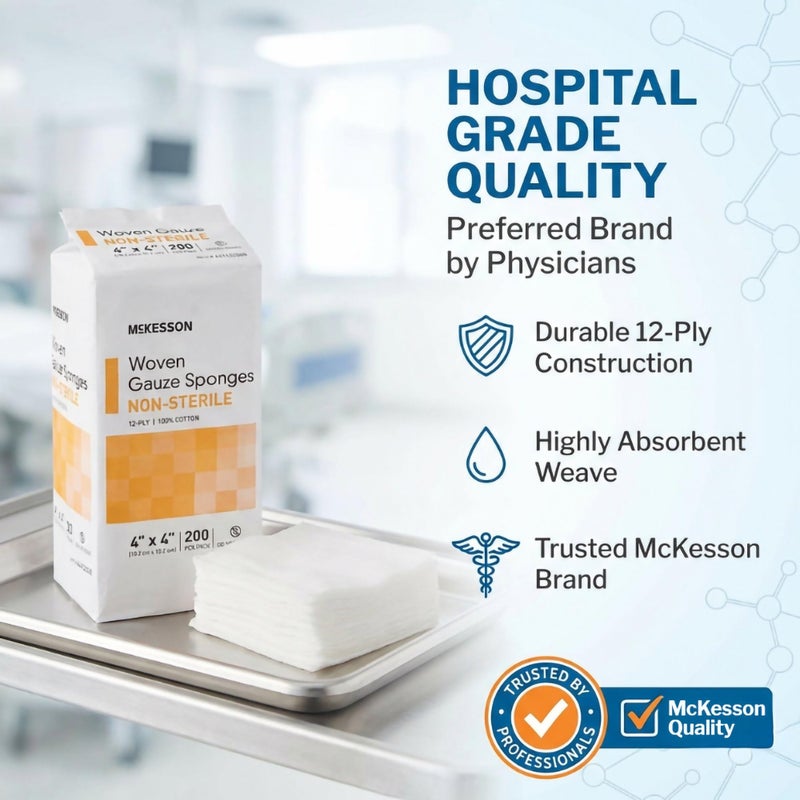 McKesson Non-Sterile Gauze Pads 4x4 Inch (200 Count) - 12-Ply 100% Cotton Non-Sterile Woven Sponges for Wound Care & First Aid - Highly Absorbent & Breathable Medical Supplies - Image 2