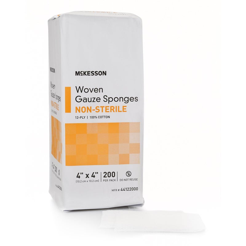 McKesson Non-Sterile Gauze Pads 4x4 Inch (200 Count) - 12-Ply 100% Cotton Non-Sterile Woven Sponges for Wound Care & First Aid - Highly Absorbent & Breathable Medical Supplies - Image 1