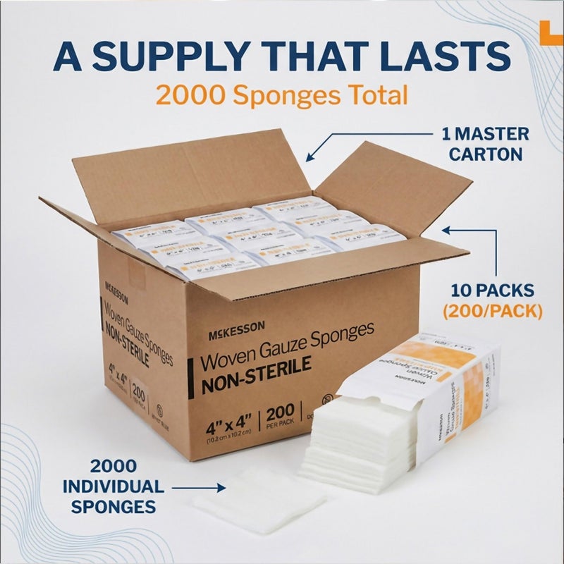 McKesson Non-Sterile Gauze Pads 4x4 Inch (200 Count) - 12-Ply 100% Cotton Non-Sterile Woven Sponges for Wound Care & First Aid - Highly Absorbent & Breathable Medical Supplies - Image 3