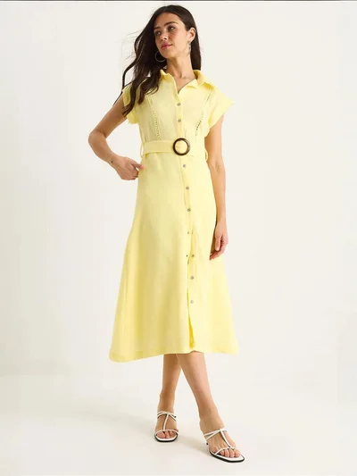 Bianco Lucci LUCCI Textured Cotton Midi Dress with Shirt Collar