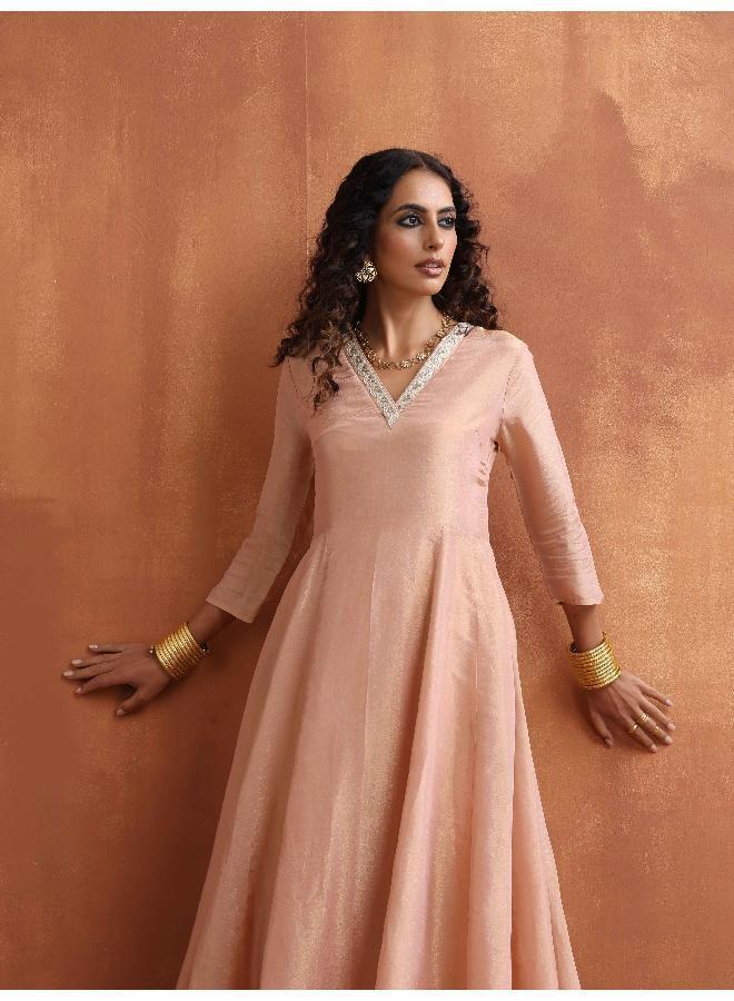 trueBrowns Blush Pink Tissue Flared Anarkali Kurta Set - Image 3