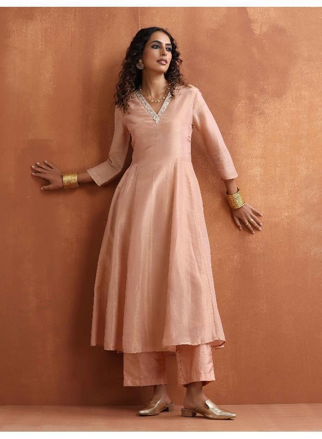 trueBrowns Blush Pink Tissue Flared Anarkali Kurta Set - Image 1