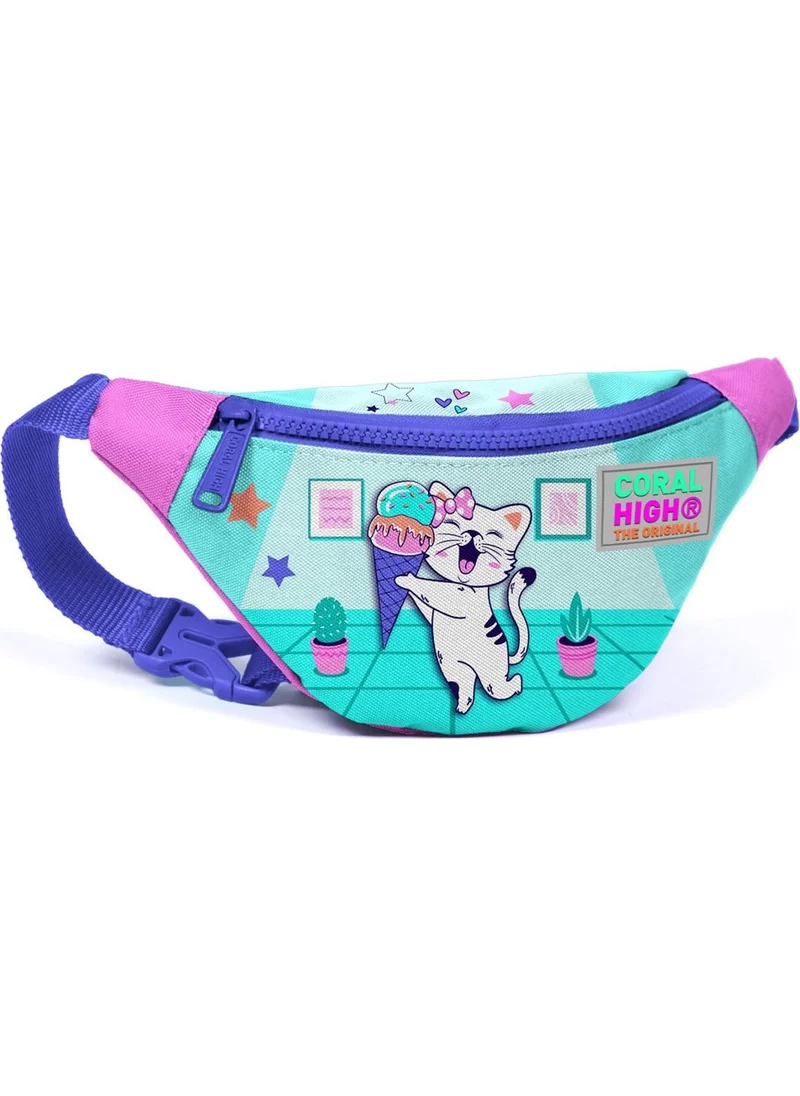 كورال هاي Kids Turquoise Pink Ice Cream Cat Pattern Waist Bag 11503
