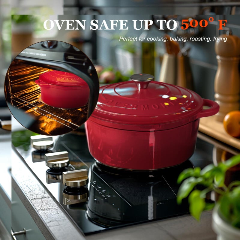 Overmont Enameled Cast Iron Dutch Oven - 5.5QT Pot with Lid Cookbook & Cotton Potholders - Heavy-Duty Cookware for Braising, Stews, Roasting, Bread Baking red - Image 2
